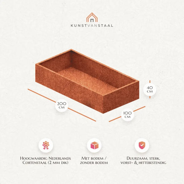 Cortenstaal plantenbak 200 x 100 x H 40 cm, robuuste en langwerpige plantenbak voor grotere projecten.