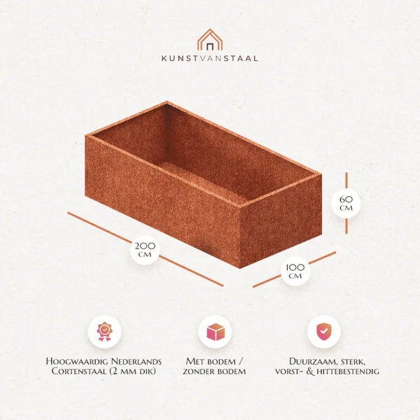 Cortenstaal plantenbak 200 x 100 x H 60 cm, ruime en weerbestendige plantenbak voor buitenruimtes.