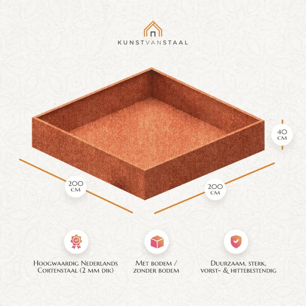 Cortenstaal plantenbak 200 x 200 x H 40 cm, brede en stevige plantenbak voor grote projecten.