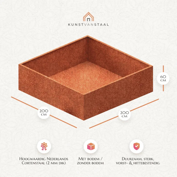 Cortenstaal plantenbak 200 x 200 x H 60 cm, extra grote vierkante bak voor landschapsarchitectuur.