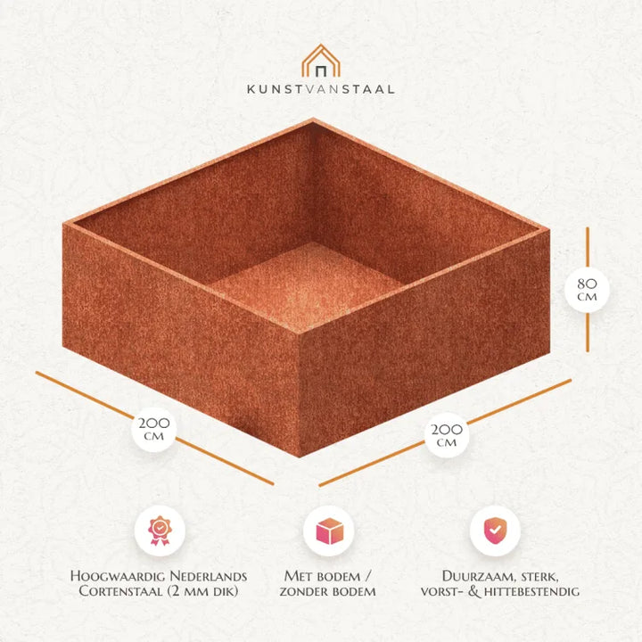 Cortenstaal plantenbak 200 x 200 x H 80 cm, ruime en robuuste bak voor grote buitenruimtes.