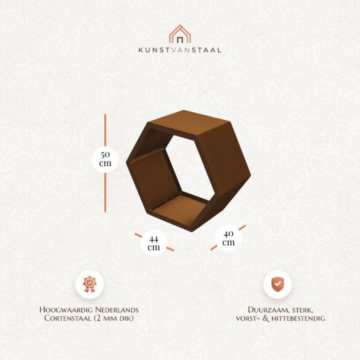 Cortenstaal houtopslag hexagon klein, stijlvolle en robuuste opslag voor haardhout.