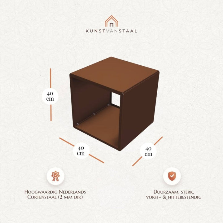 Cortenstaal houtopslag vierkant klein, compacte en robuuste opslag voor haardhout.