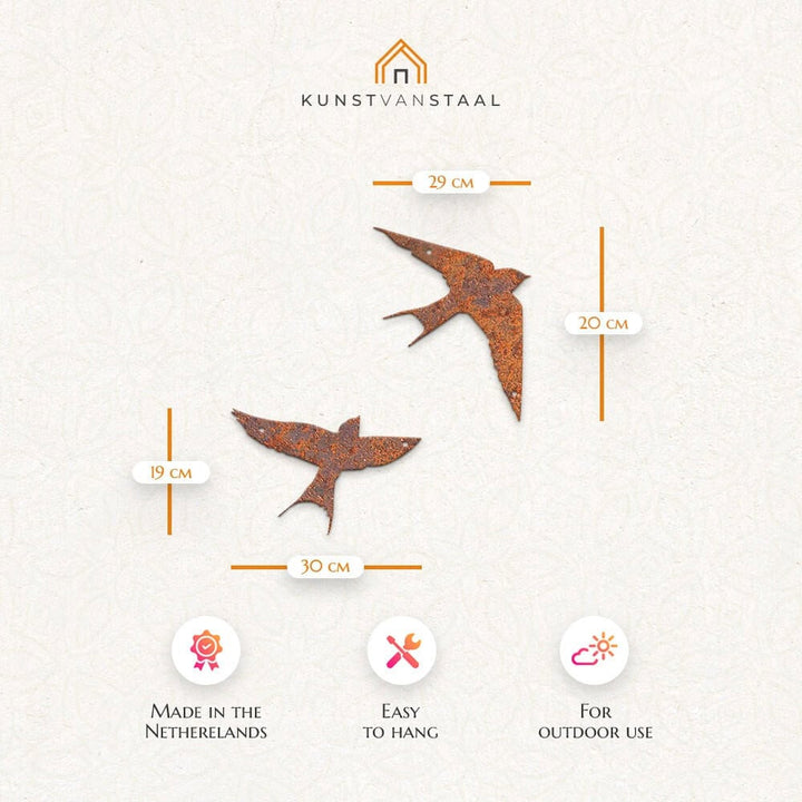 Cortenstaal zwaluwen, sfeervolle en robuuste metalen vogels voor tuin of gevel.