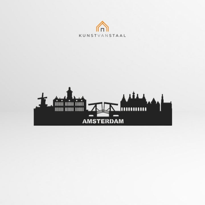 Metalen skyline Amsterdam, iconische metalen wanddecoratie met de contouren van Amsterdam.