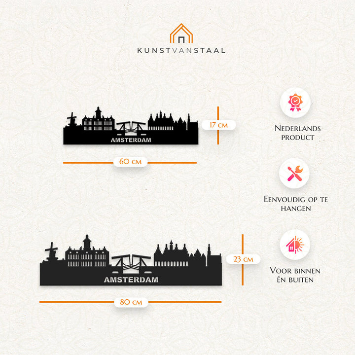 Amsterdam skyline van metaal, unieke wanddecoratie in industriële stijl.