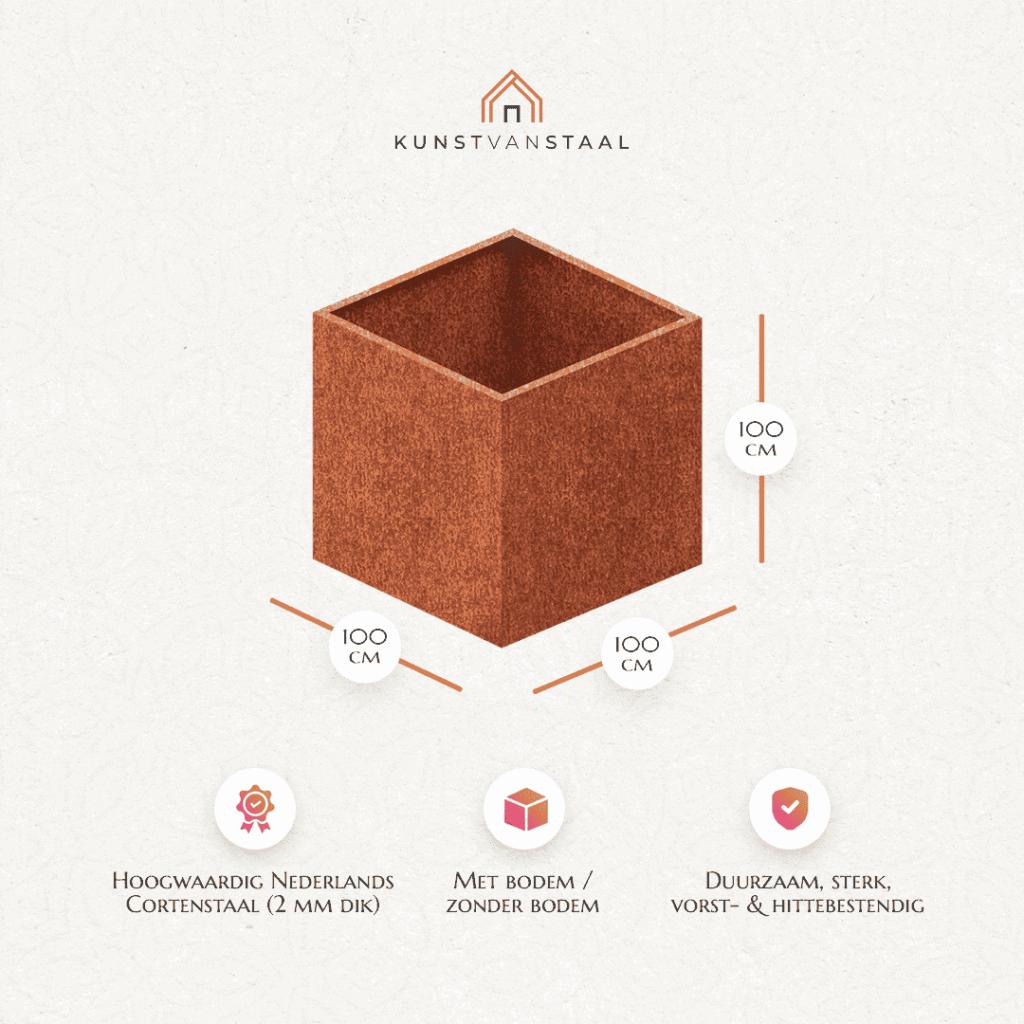 Cortenstaal plantenbak 100 X 100 X H 100 cm