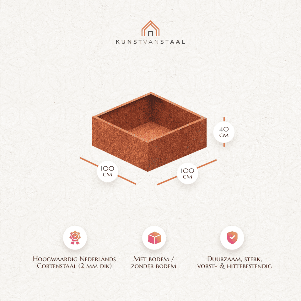 Cortenstaal plantenbak 100 X 100 X H 40 cm