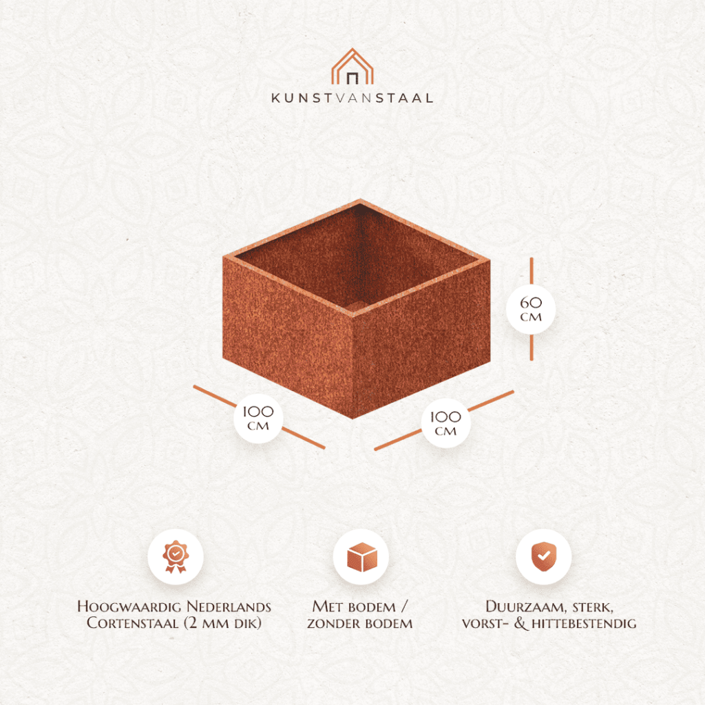Cortenstaal plantenbak 100 X 100 X H 60 cm