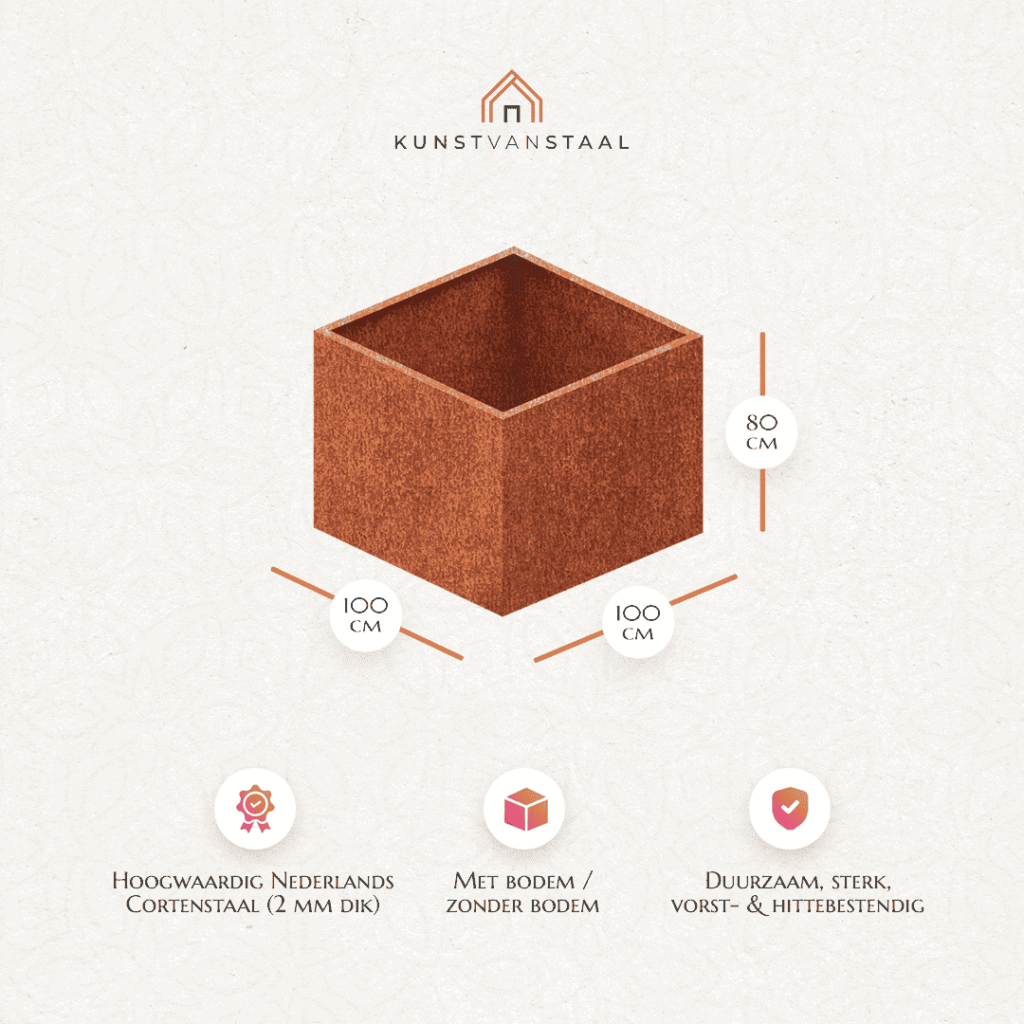 Cortenstaal plantenbak 100 X 100 X H 80 cm