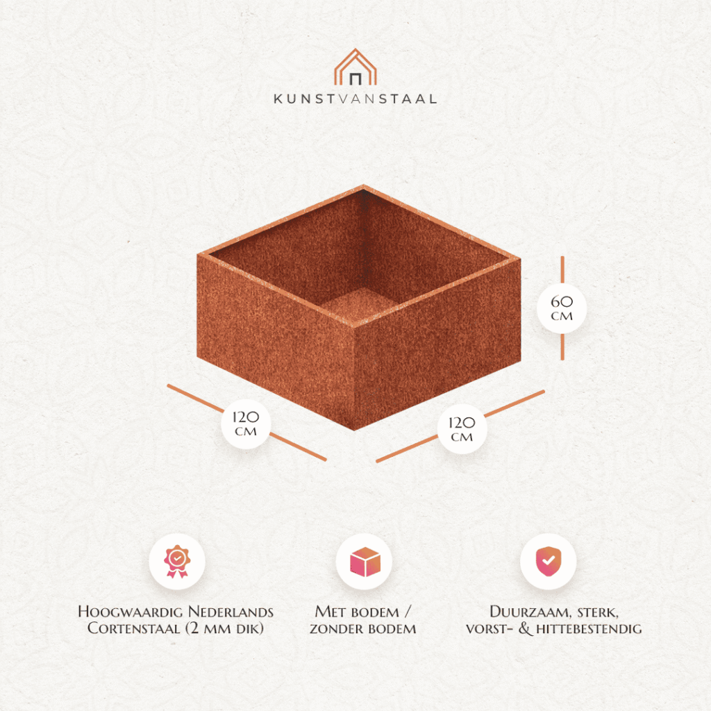 Cortenstaal plantenbak 120 X 120 X H 60 cm
