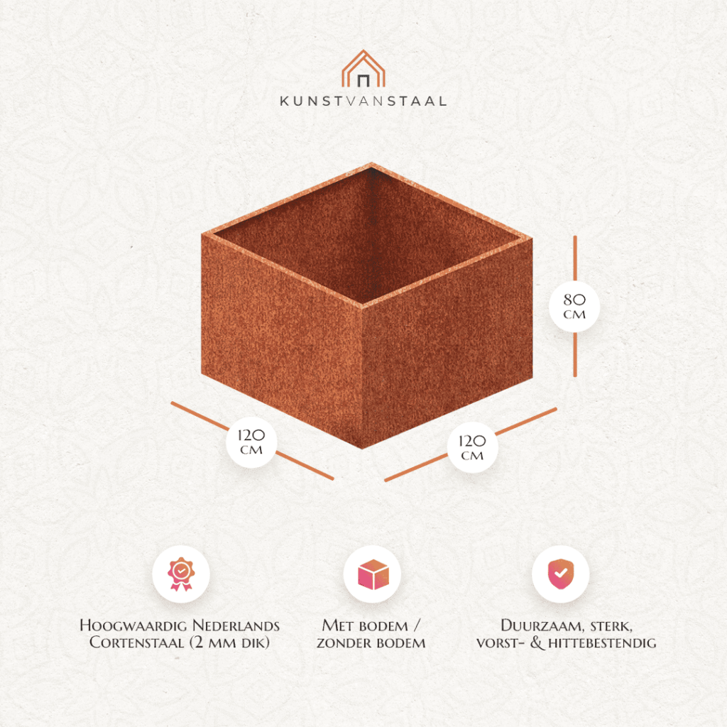 Cortenstaal plantenbak 120 X 120 X H 80 cm