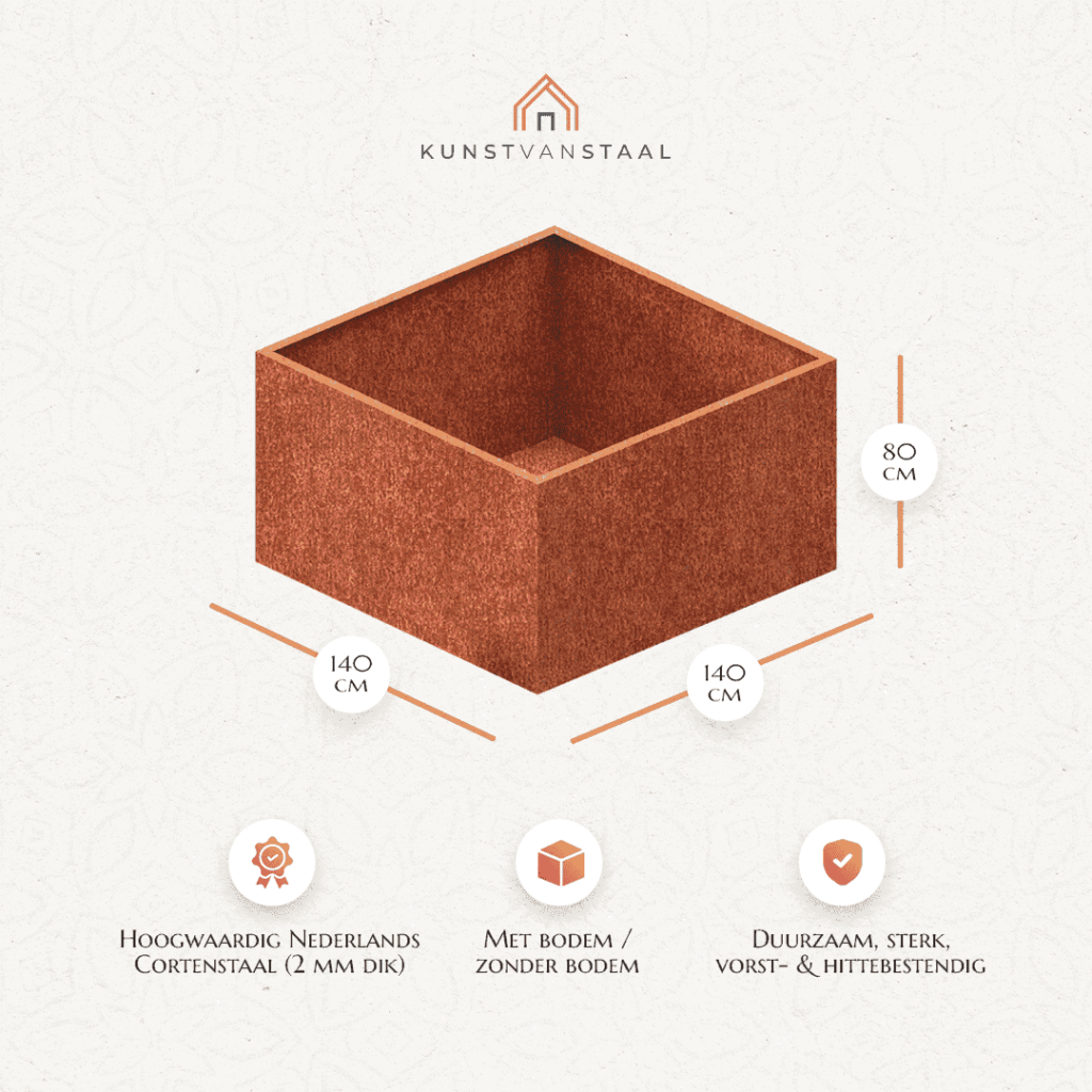 Cortenstaal plantenbak 140 X 140 X H 80 cm