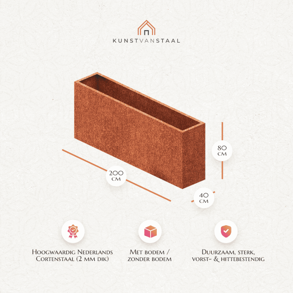 Cortenstaal plantenbak 200 X 40 X H 80 cm