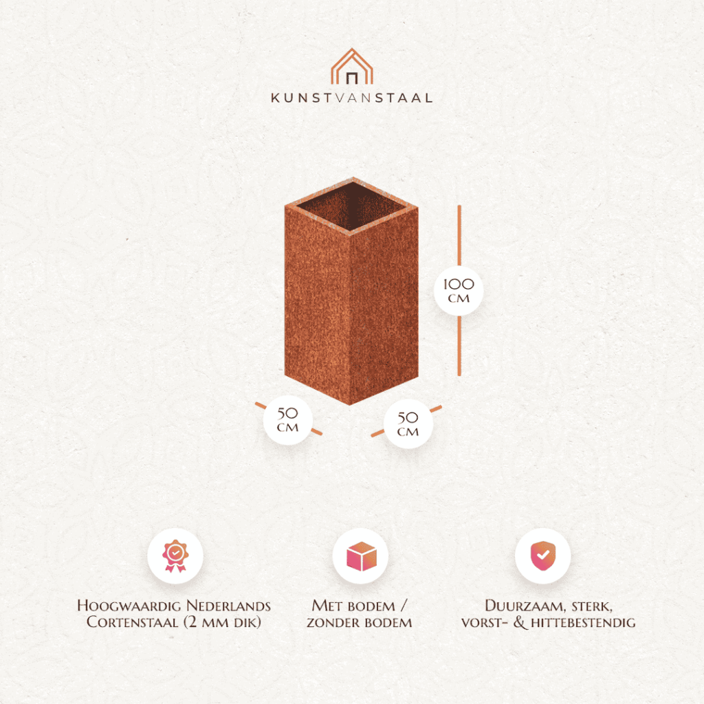 Cortenstaal plantenbak 50 X 50 X H 100 cm