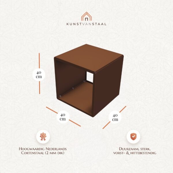 Houtopslag cortenstaal 40x40x40 cm vierkant - afmetingen